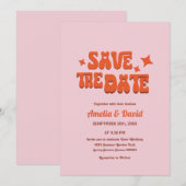 Retro Modern Groovy Roze, oranje huwelijksuitnodig Kaart (Voorkant / Achterkant)