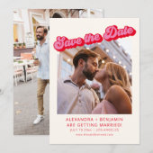 Retro Modern Groovy Vet Rood 2 Foto Save The Date (Voorkant / Achterkant)