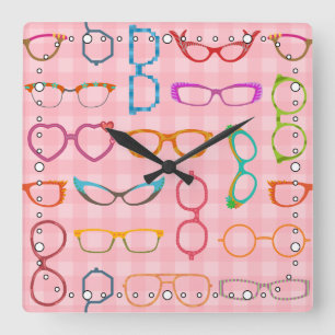 Retro Modern Hipster Eyeglasses roze Gingham Vierkante Klok