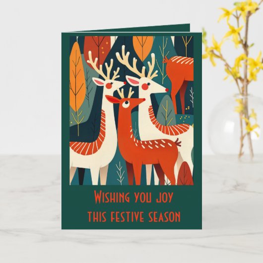 Retro Modern Kitschy Christmas Reindeer Kaart (Gele Bloem)