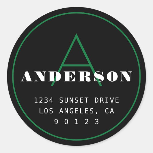 Retro-modern monogramadres | Zwart Groen Wit Ronde Sticker (Voorkant)