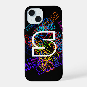 Retro-modern naam & monogram felle kleuren & zwart iPhone 15 case