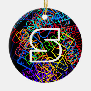 Retro-modern naam & monogram felle kleuren & zwart keramisch ornament