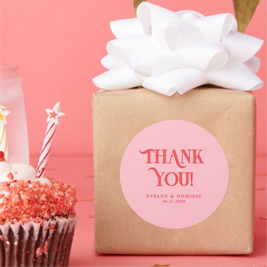 Retro Modern Pink & Red Wedding Thank You Ronde Sticker (Feest)