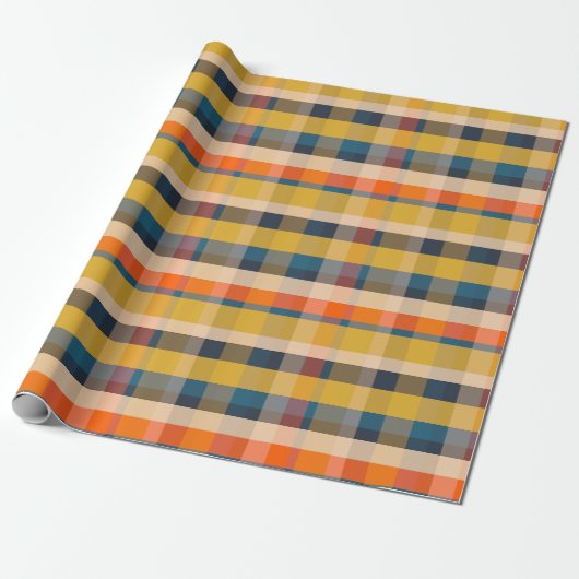 Retro Modern Plaid Pattern Mosterd Blauw Sinaasapp Cadeaupapier (Uitgerold)