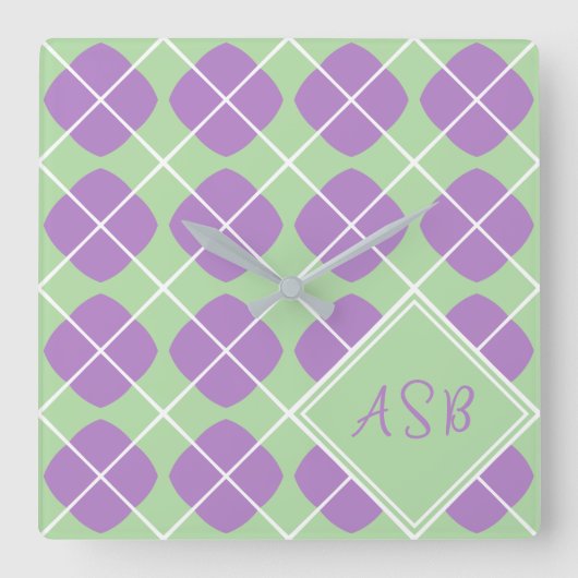 Retro Modern Purple Green Pastel Argyle Vierkante Klok (Voorkant)