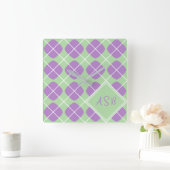 Retro Modern Purple Green Pastel Argyle Vierkante Klok (Huis)