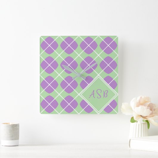 Retro Modern Purple Green Pastel Argyle Vierkante Klok (Huis)