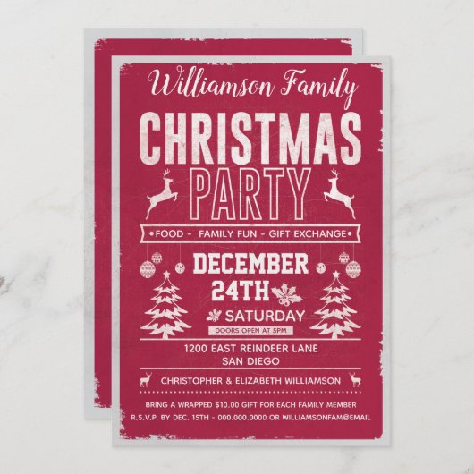 Retro Modern Red Family Kerstparty Kaart (Voorkant / Achterkant)