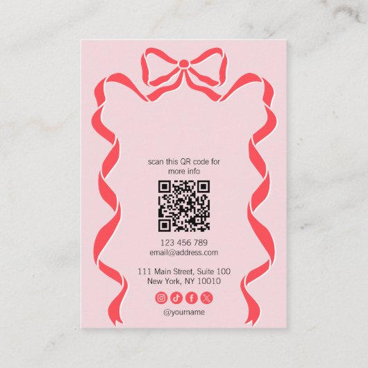 retro modern rood roze strik lint met QR-code Visitekaartje (Achterkant)