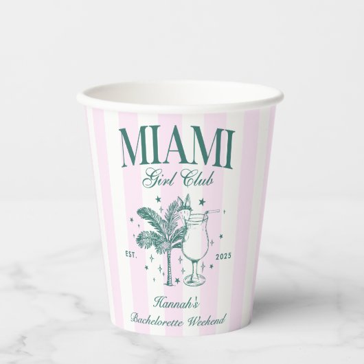 Retro Modern Roze & Groen Miami Bachelorette Party Papieren Bekers (Voorkant)