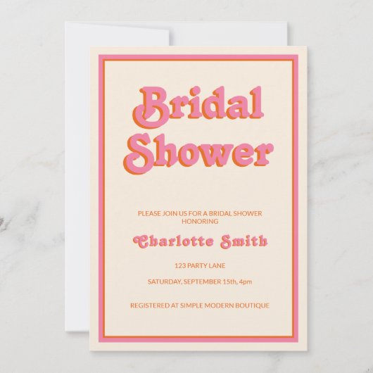 Retro Modern Roze Oranje Bridal Shower Invitation Kaart (Voorkant)