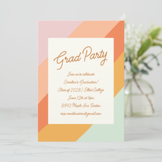 Retro Modern Script Pastel Stripe Graduation Party Kaart (Staand voorkant)
