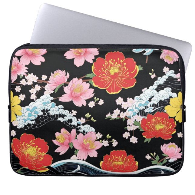 Retro Modern Seigaiha Sakura Flowers Japan party Laptop Sleeve (Voorkant)