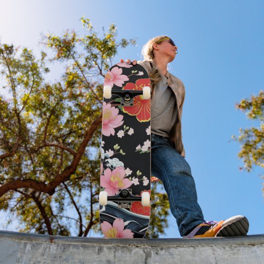 Retro Modern Seigaiha Sakura Flowers Japan party Persoonlijk Skateboard (Buiten 1)
