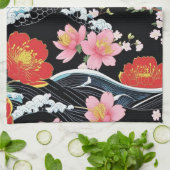 Retro Modern Seigaiha Sakura Flowers Japan party Theedoek (Gevouwen)