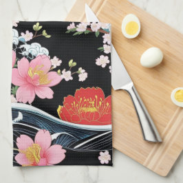 Retro Modern Seigaiha Sakura Flowers Japan party Theedoek