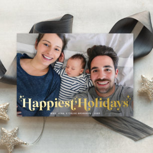 Retro Modern Type Happest Holiday Foto Gold Foil Folie Feestdagenkaart