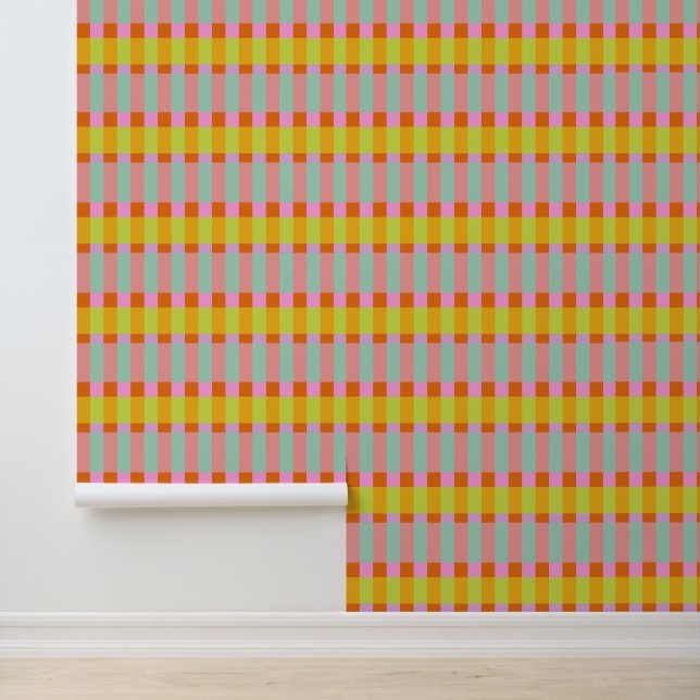 Retro Modern Yellow Mint Roze Geometrisch Plaid Sc Behang (Applicatie)