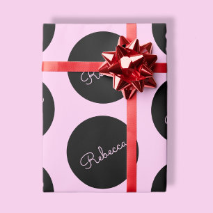 Retro-modern zwart & roze polka stip ontwerp cadeaupapier