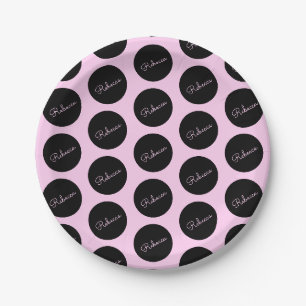 Retro-modern zwart & roze polka stip ontwerp papieren bordje