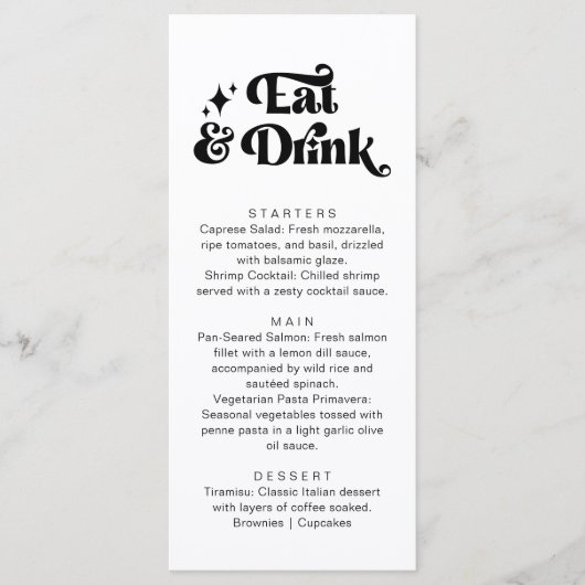 Retro Modern Zwart Wit Eet en Drink Trouwen Menu (Voorkant)
