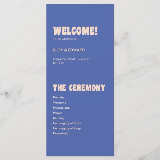 Retro Moderne Blauwe & Beige Trouwceremonie Programmakaart (Voorkant)