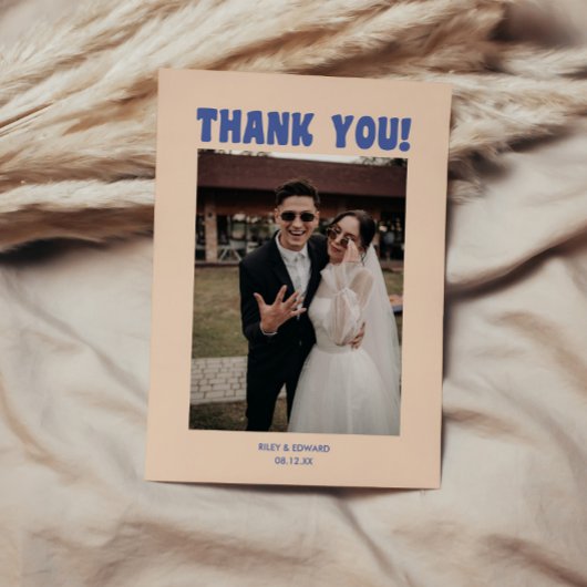 Retro Moderne Blauwe & Beige Trouwfoto Bedankkaart