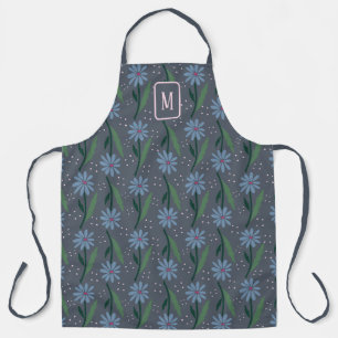 Retro Moderne Blauwe Madelief Monogram Moody Cotta Schort