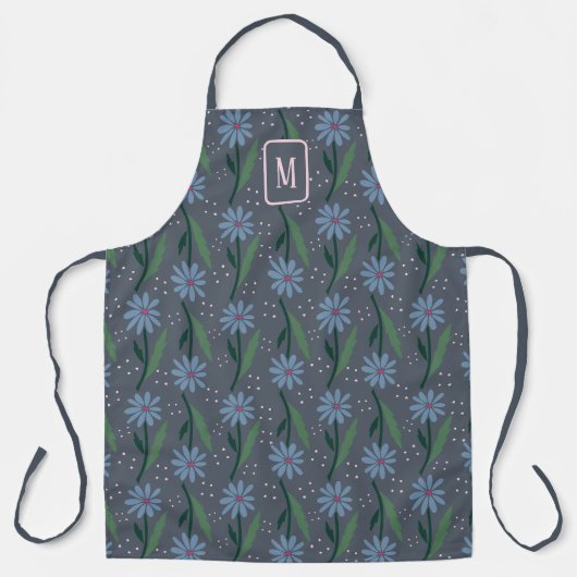 Retro Moderne Blauwe Madelief Monogram Moody Cotta Schort (Voorkant)