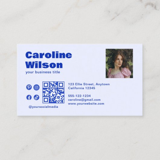 Retro moderne blauwe professionele foto QR-code Visitekaartje (Achterkant)