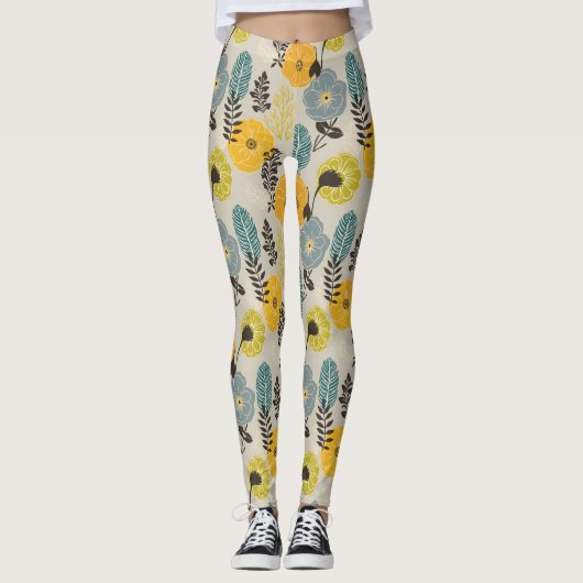 Retro Moderne Bloemen op Grijs Leggings (Voorkant)
