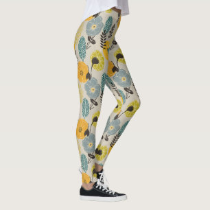 Retro Moderne Bloemen op Grijs Leggings