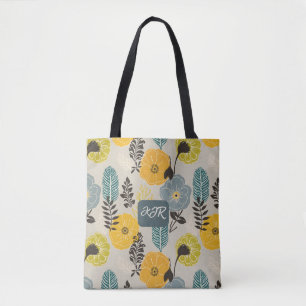 Retro Moderne Bloemen op Grijs Tote Bag