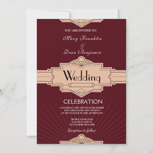 Retro Moderne Bourgogne Rusty Art Deco Bruiloft Kaart (Voorkant)