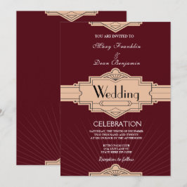 Retro Moderne Bourgogne Rusty Art Deco Bruiloft Kaart