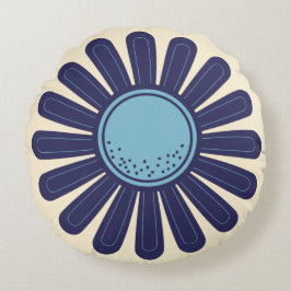 Retro Moderne Geometrische Daisy Bloem Blauw en Cr Rond Kussen
