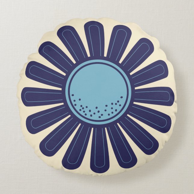 Retro Moderne Geometrische Daisy Bloem Blauw en Cr Rond Kussen (Voorkant)