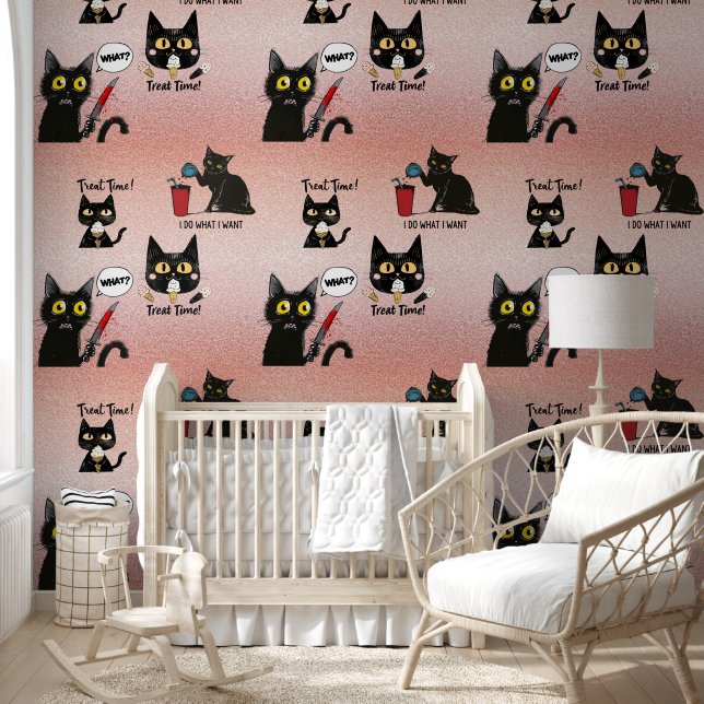 Retro Moderne Grappige Whimsical Zwarte Kat - Roze Behang (Kinderen)