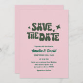 Retro Moderne Groovy Roze, Groene bruiloft uitnodi Kaart (Voorkant / Achterkant)