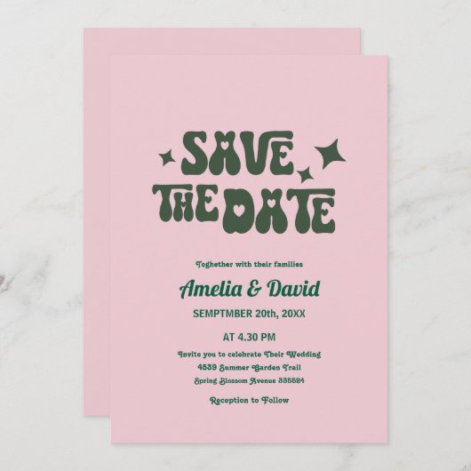 Retro Moderne Groovy Roze, Groene bruiloft uitnodi Kaart (Voorkant / Achterkant)