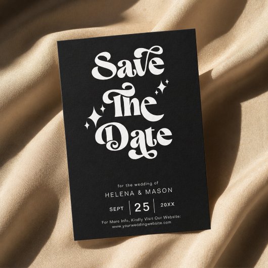 Retro Moderne Groovy Vetgedrukte Witte Scriptie Br Save The Date