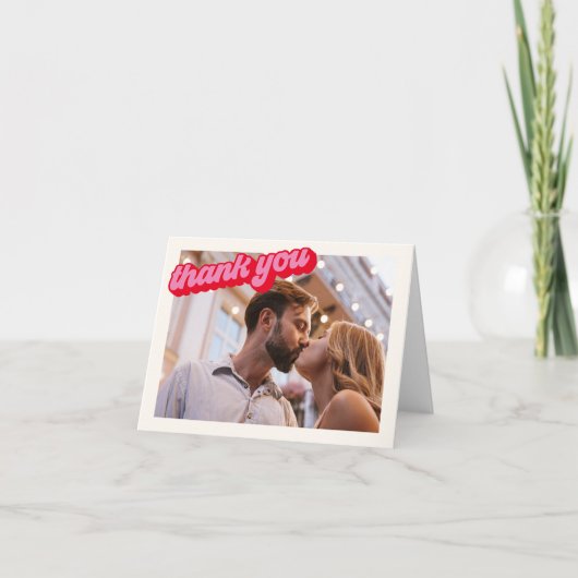 Retro moderne groovy vette roze rode foto bedankkaart (Voorkant)