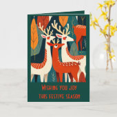 Retro Moderne Kitsch Kerst Rendieren Kaart (Gele Bloem)