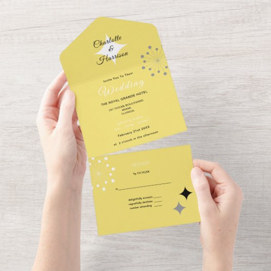 Retro Moderne Mid Century Bruiloft All In One Uitnodiging (Afscheurbaar)