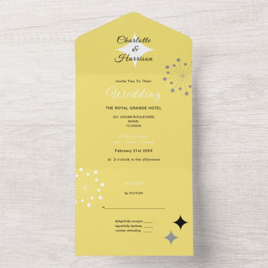 Retro Moderne Mid Century Bruiloft All In One Uitnodiging (Binnen)