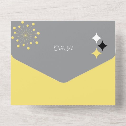 Retro Moderne Mid Century Bruiloft All In One Uitnodiging (Achterkant)