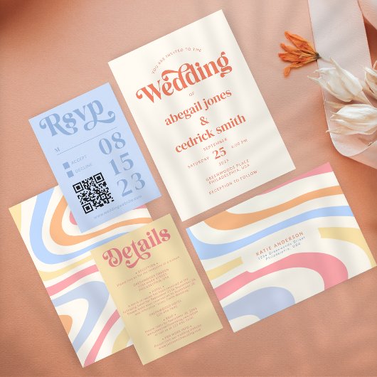 Retro Moderne Minimalistische Pastel Zomer Bruilof Kaart