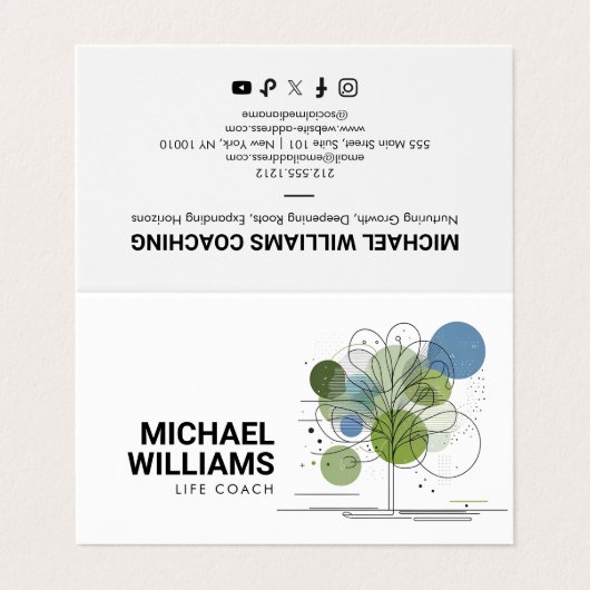 Retro Moderne Minimalistische Tree Life Coach Blau Visitekaartje (Buitenkant ongevouwen)