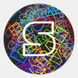 Retro-Moderne Naam & Monogram Heldere Kleuren & Zw Ronde Sticker